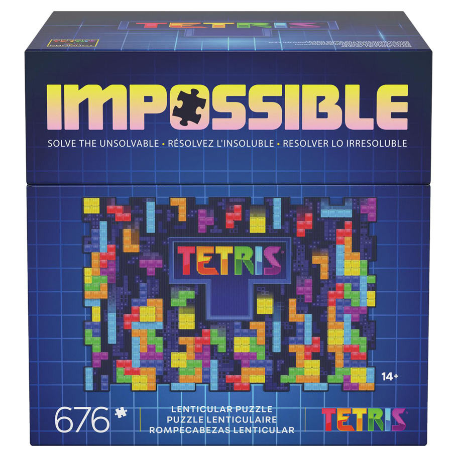 Tetris Impossible Puzzle box with 676 lenticular pieces and colorful Tetris block design.