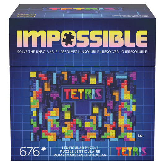 Tetris Impossible Puzzle box with 676 lenticular pieces and colorful Tetris block design.