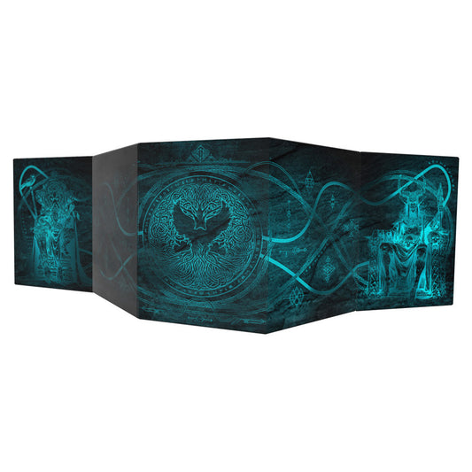 Berserkr GM Screen in black and teal with mystical symbols, an owl, and two robed figures at each end.