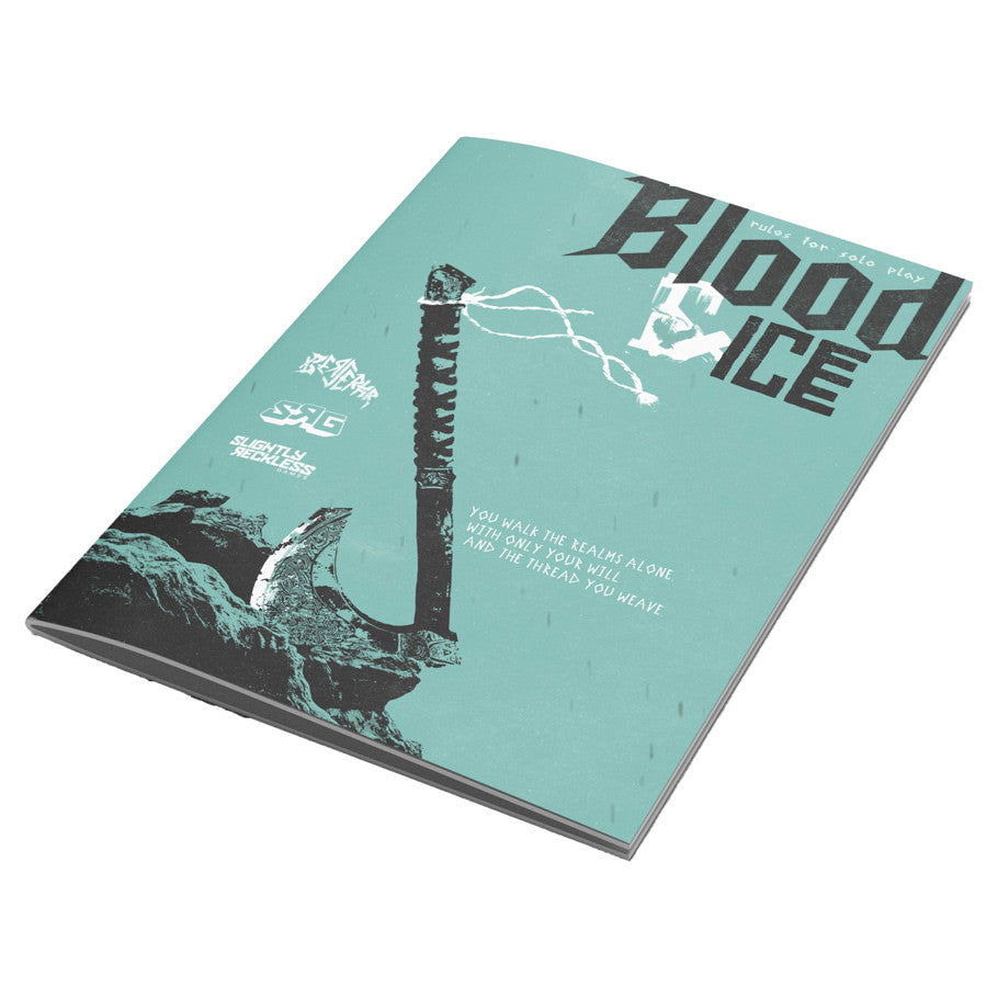 Berserkr: Blood & Ice Solo Rules booklet with teal cover and axe in icy mountains for Norse-themed RPG.