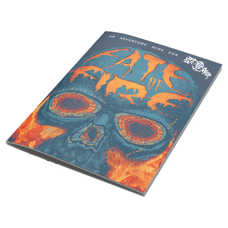 Berserkr: Fate of Fire Norse fantasy zine with flaming title over a blue skull and orange flames.