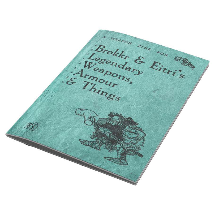 Berserkr: Legendary Weapons blue zine with dwarf illustration and items on the cover.