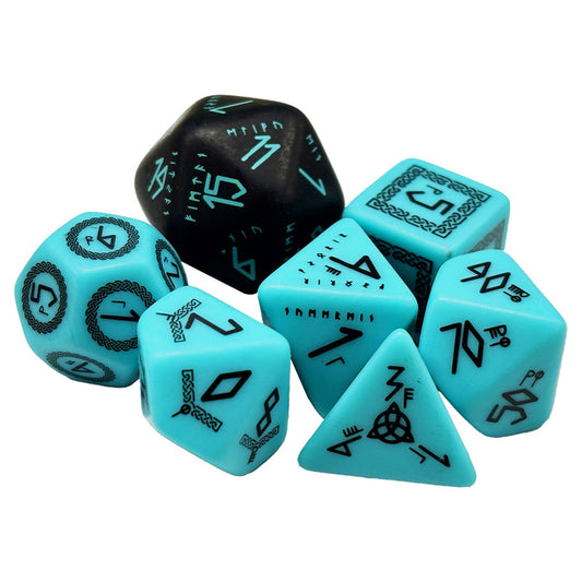 7-Set Berserkr Dice: blue polyhedral dice with black runes.