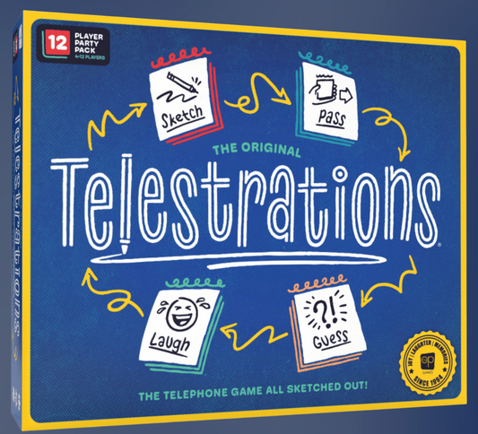 TELESTRATIONS 12 Player Party Pack (2nd Edition) box with sketch books and pass, guess, laugh icons.