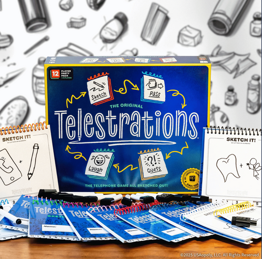 TELESTRATIONS 12 Player Party Pack (2nd Edition) with sketch books, markers, and game sketches on a table.