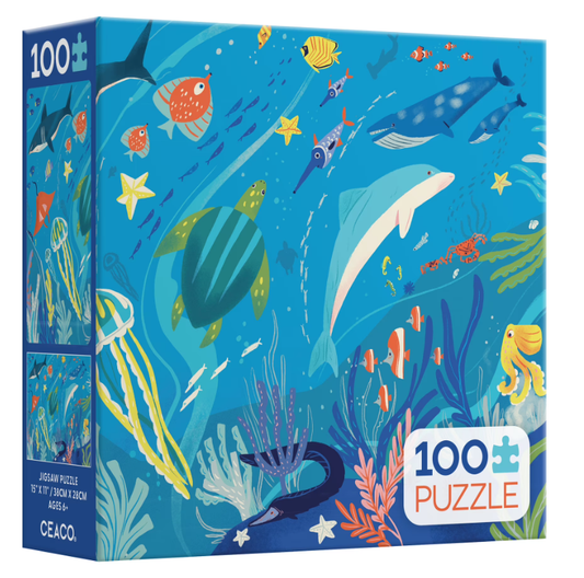 Underwater Friends 100 Piece Puzzle with illustrated ocean animals.