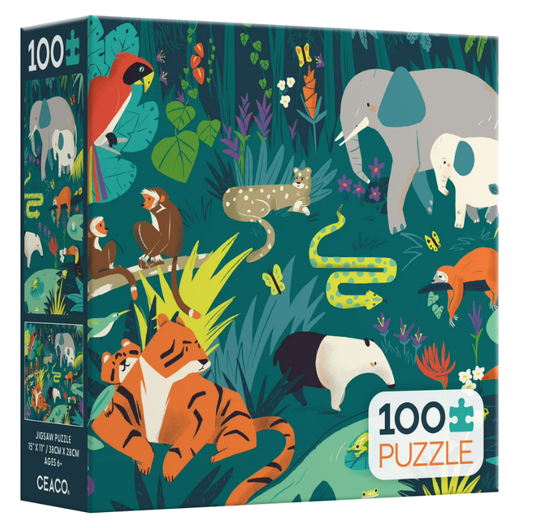 Colors of the Jungle 100 Piece Puzzle with tiger, elephant, and parrot art by Caroline Atta.