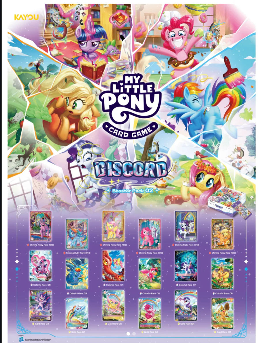 My Little Pony TCG: Discord Booster Display poster featuring main characters and fantasy scene artwork.