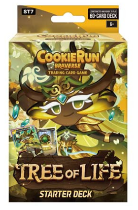 CookieRun TCG Tree of Life Starter Deck box featuring Millennial Tree Cookie and trading cards.