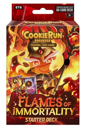 CookieRun TCG Flames of Immortality Starter Deck box with Fire Spirit Cookie and trading cards on front.