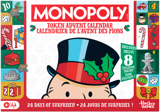 Monopoly Token Advent Calendar featuring Mr. Monopoly and collectible holiday-themed tokens.