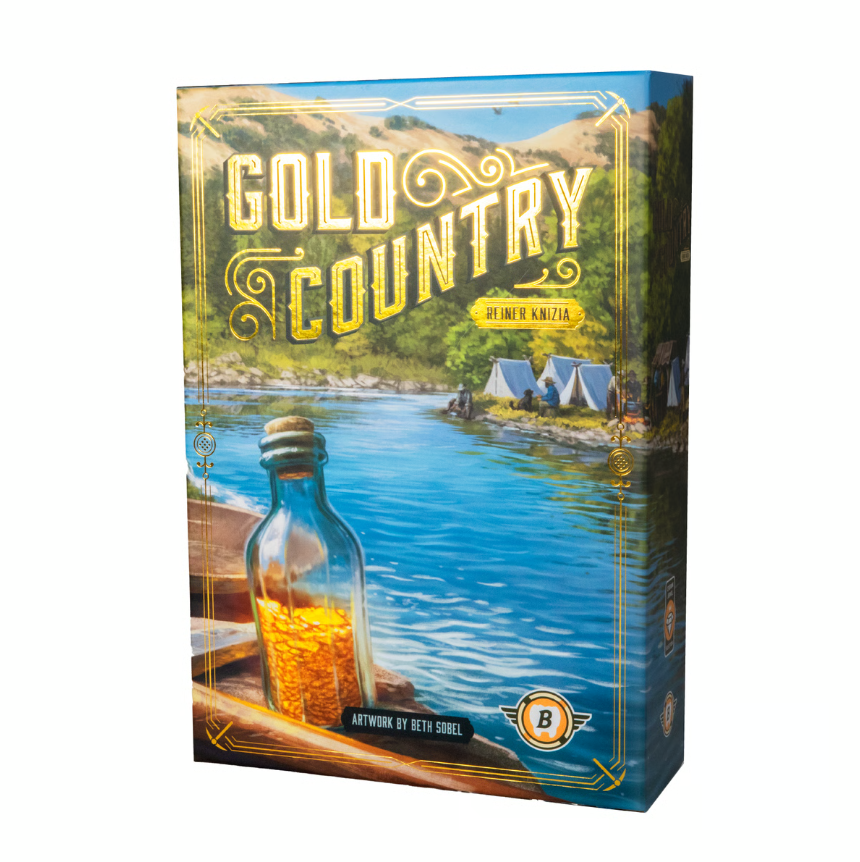 Gold Country strategy board game box featuring gold flakes and tents by a river on the cover.