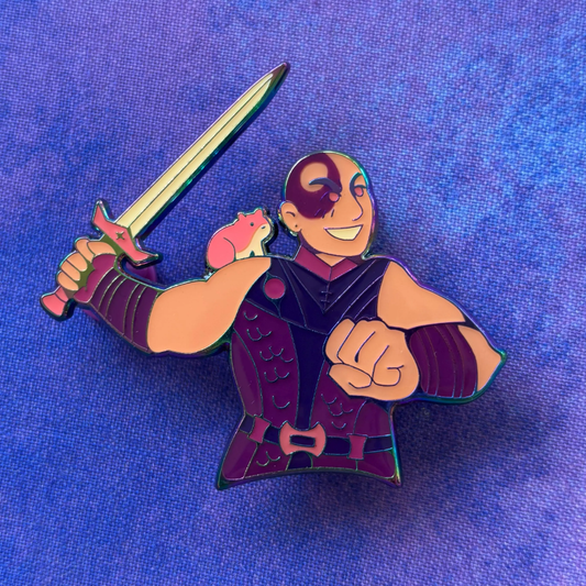 Minsc Pin featuring a smiling cartoon warrior holding a sword with a pink mouse on his shoulder.