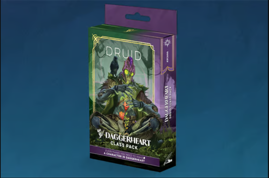 Daggerheart Class Pack: Druid with plant-themed character, glowing red object, and domain cards.