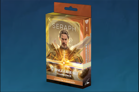 Daggerheart Class Pack box with golden-armored Seraph figure and ancestry cards visible on the front.