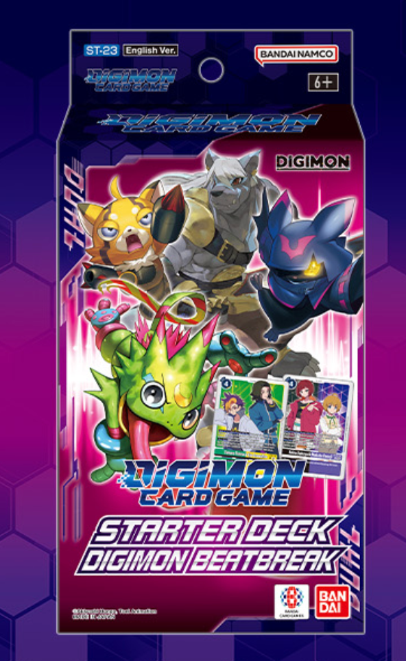 Digimon Beatbreak Starter Deck [ST-23] featuring dual cards and characters, purple hexagon background.