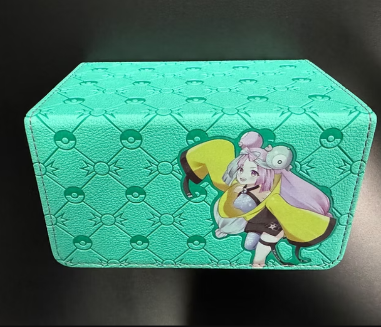 Vtubr Iono Deck Box with teal Pokémon pattern, card dividers, and anime girl in yellow coat on the side.