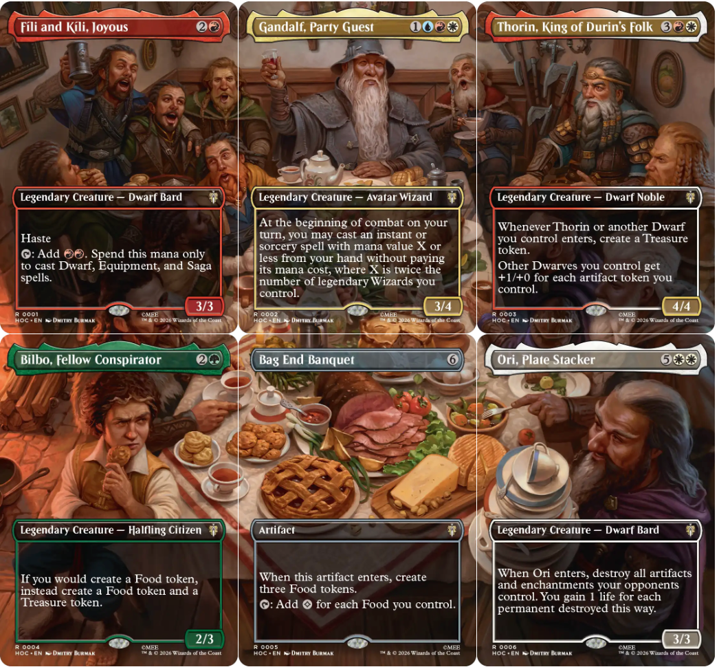 Magic: The Gathering card from The Hobbit Scene Box – Crack the Plates [HOB] showing six fantasy characters feasting.