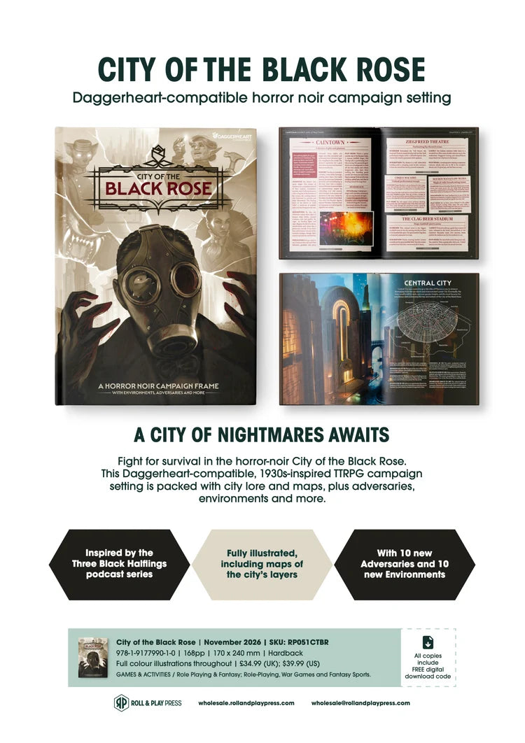 City of the Black Rose poster for 1930s horror-noir TTRPG, Daggerheart-compatible, with cover art and map included.
