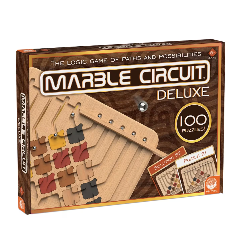 Marble Circuit Deluxe logic game for ages 8+, with wooden board and 100 puzzle cards.