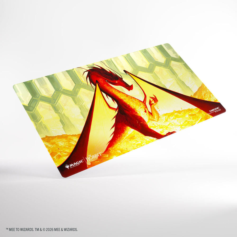 Magic: The Gathering Hobbit playmat featuring Smaug the Golden standing on gold with green hexagons.
