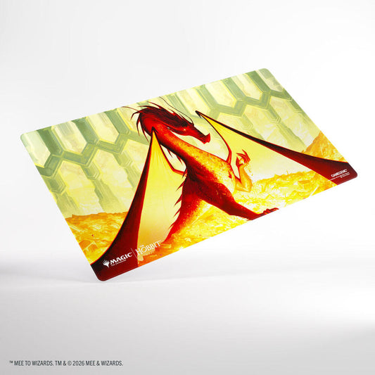 Magic: The Gathering Hobbit playmat featuring Smaug the Golden standing on gold with green hexagons.