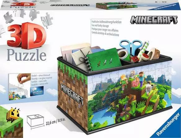 Ravensburger Minecraft storage box with 3D puzzle design and blocky game art.