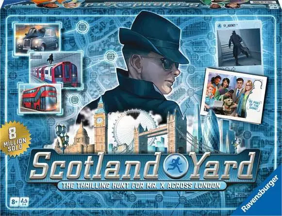 Scotland Yard board game box featuring Mister X, London locations, transport icons, and players.