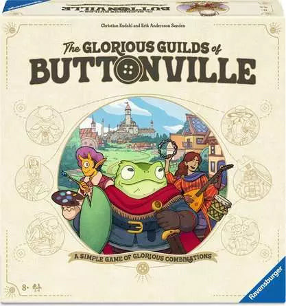 Box for The Glorious Guilds of Buttonville card game featuring cartoon animals in medieval costumes.