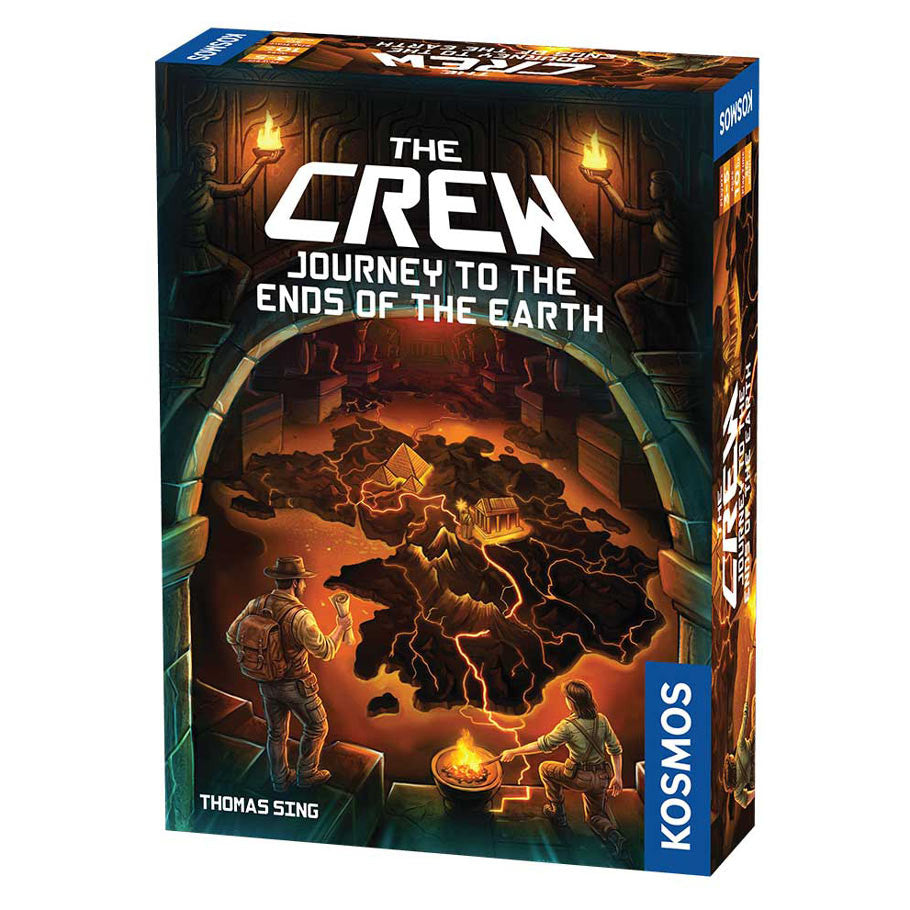 The Crew: Journey to Ends of Earth board game box showing explorers near a fiery cavern.