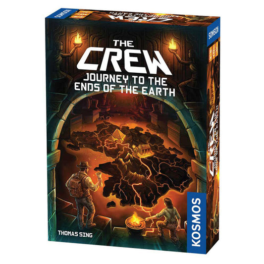 The Crew: Journey to Ends of Earth board game box showing explorers near a fiery cavern.