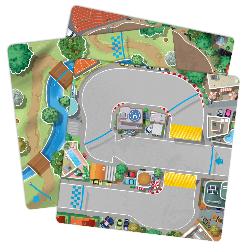 Two overlapping Turbo Kidz play mats featuring roads, a river, shops, and cars.