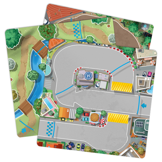 Two overlapping Turbo Kidz play mats featuring roads, a river, shops, and cars.
