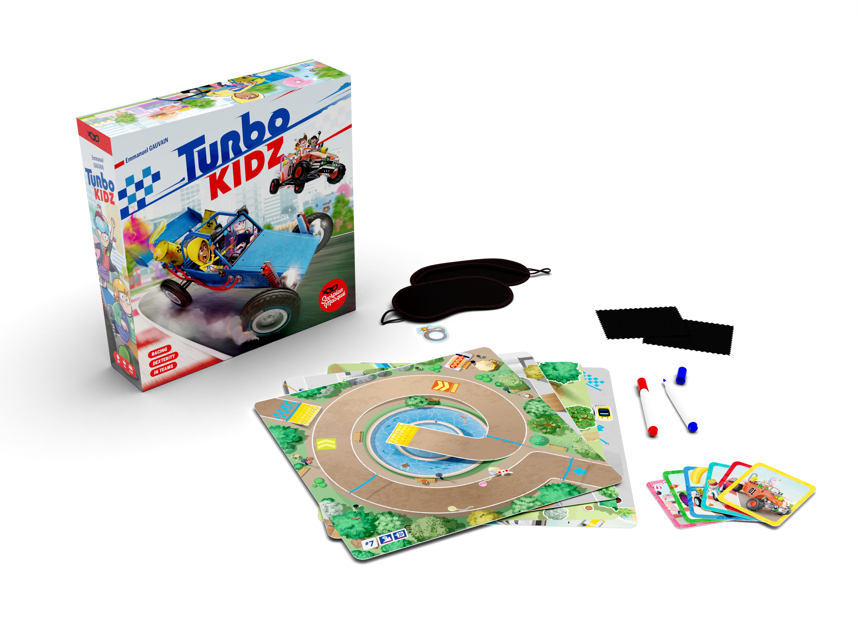 Turbo Kidz board game components including box, game board, cards, blindfolds, markers, and playing pieces.