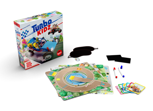 Turbo Kidz board game components including box, game board, cards, blindfolds, markers, and playing pieces.
