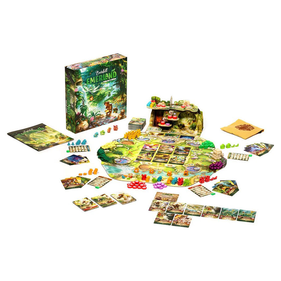 Emerland Collector’s Edition board game with pieces, cards, central board, box, and rulebook.
