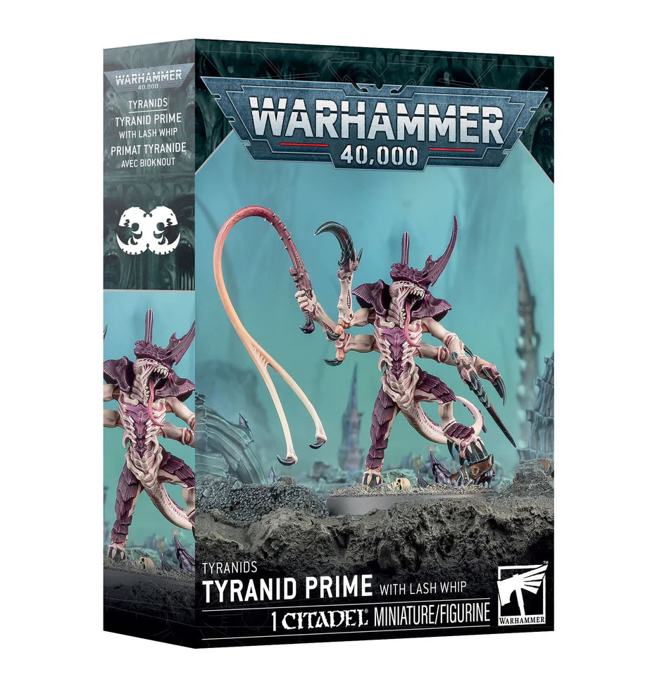 Warhammer 40,000 Tyranids Tyranid Prime with Lash Whip box featuring the painted miniature on the front.