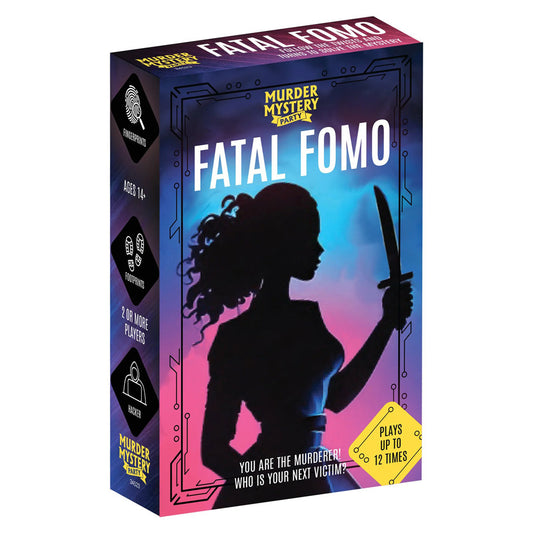 Fatal FOMO murder mystery and social deduction game box with a silhouetted woman holding a knife on the cover.