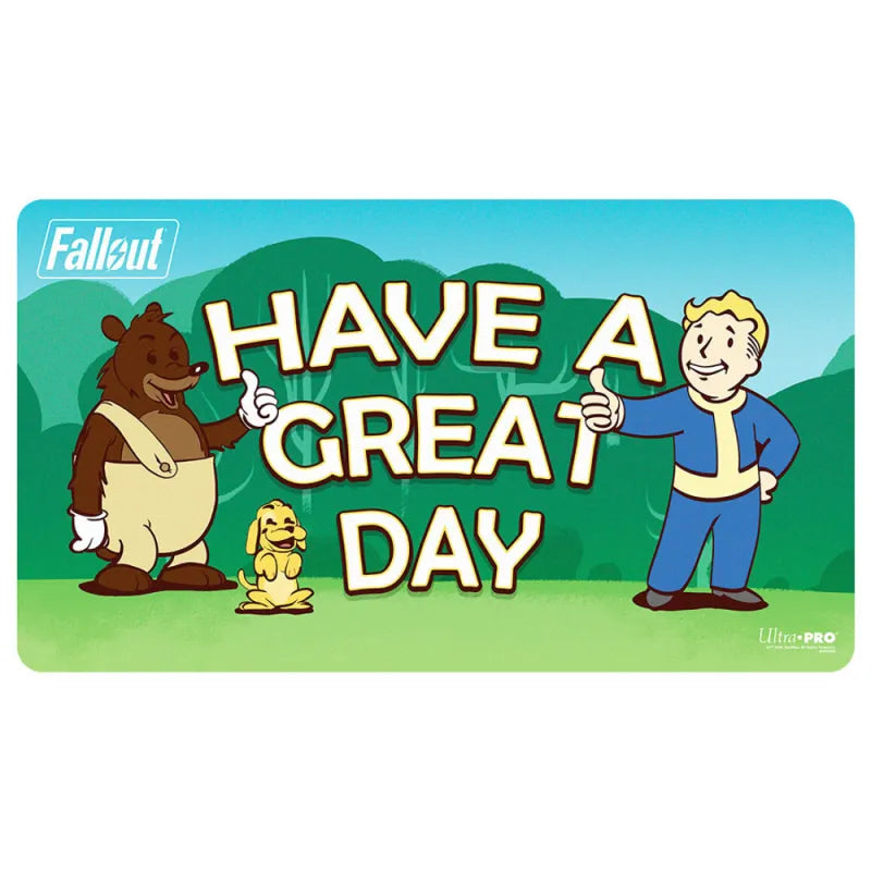 Fallout playmat featuring Vault Boy and friends beside the text “Have a Great Day”.