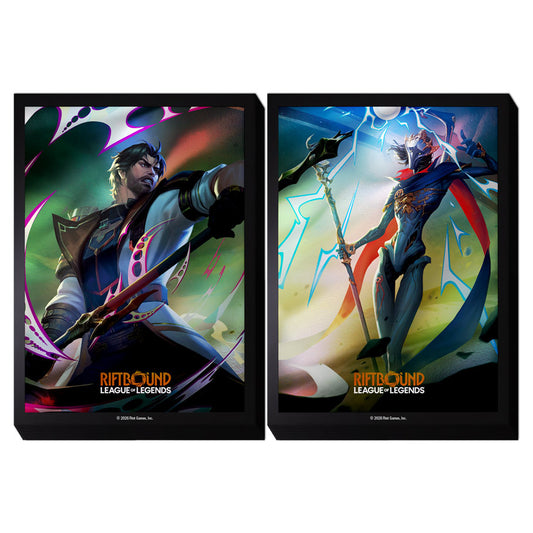 Deck Protector: Riftbound: Vendetta: Jayce vs Viktor (100) displayed below two framed League posters.
