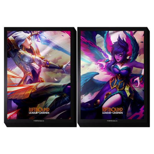 Deck Protector: Riftbound: Vendetta: Kayle vs Morgana (100) card sleeves featuring winged League champions.