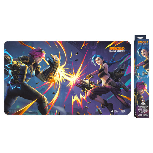 Playmat: Riftbound: Vendetta: Vi vs Jinx shows Vi and Jinx in a League of Legends clash.