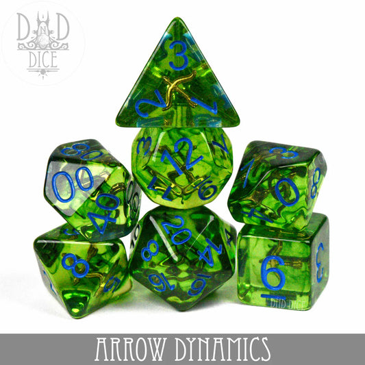 Green translucent 7-dice set with blue numbers, stacked in a pyramid; ARROW DYNAMICS printed on display.