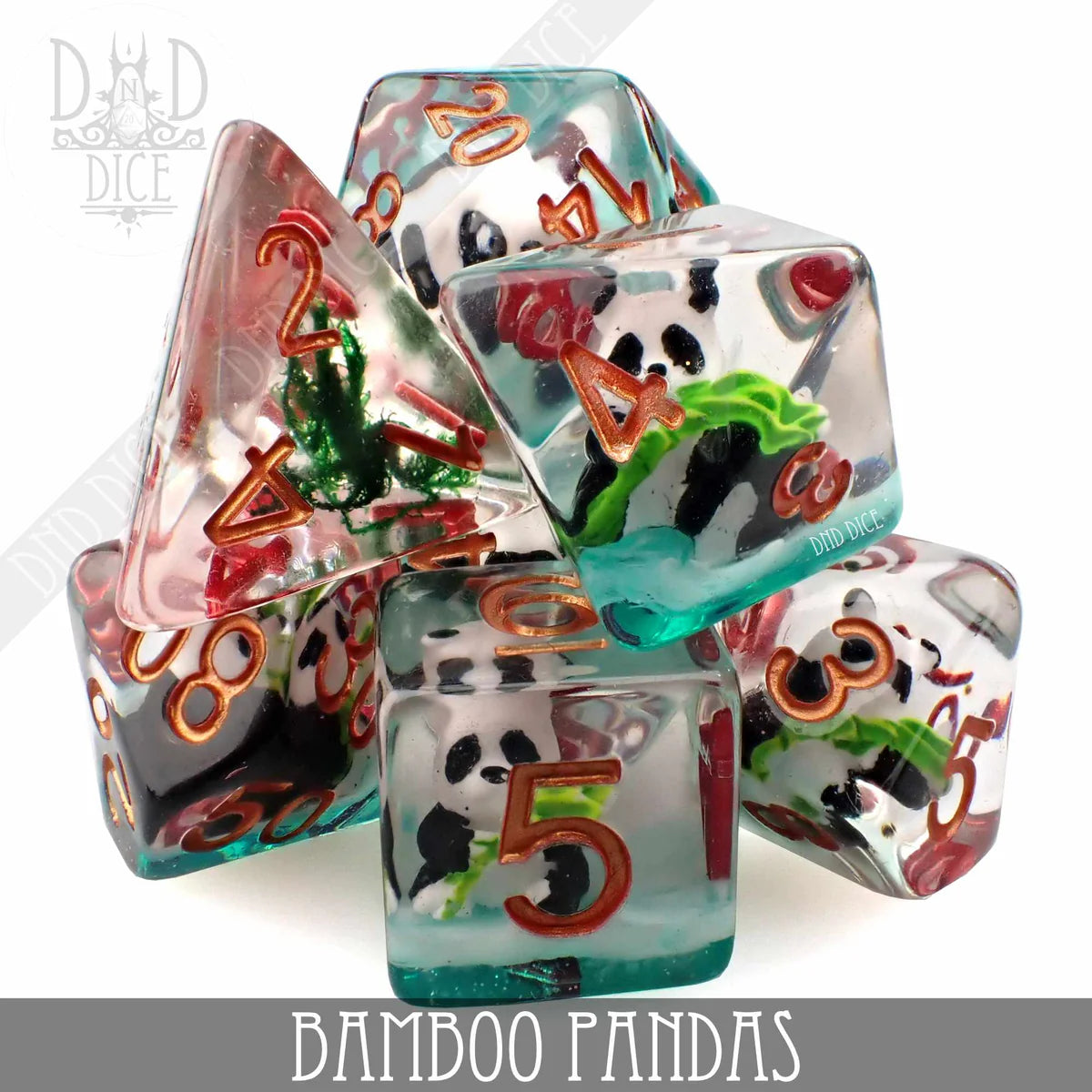 Bamboo Pandas 7-piece translucent resin polyhedral dice set featuring panda and bamboo designs.