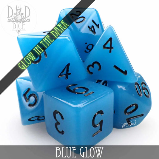 Blue glow-in-the-dark acrylic polyhedral dice set with black numbers, standard size.
