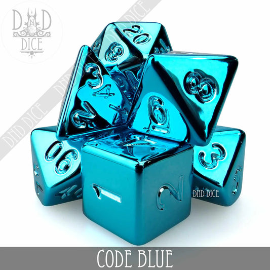 Acrylic Code Blue 7-dice set, stacked; CODE BLUE text displayed at the bottom.