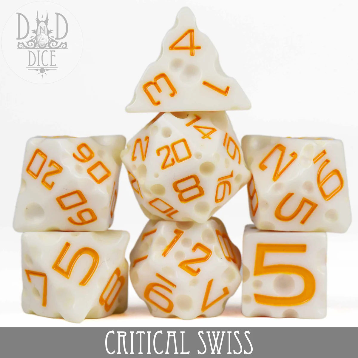 Critical Swiss 7-piece white resin dice set resembling Swiss cheese with orange numbers.
