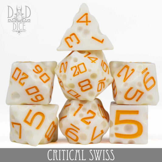 Critical Swiss 7-piece white resin dice set resembling Swiss cheese with orange numbers.