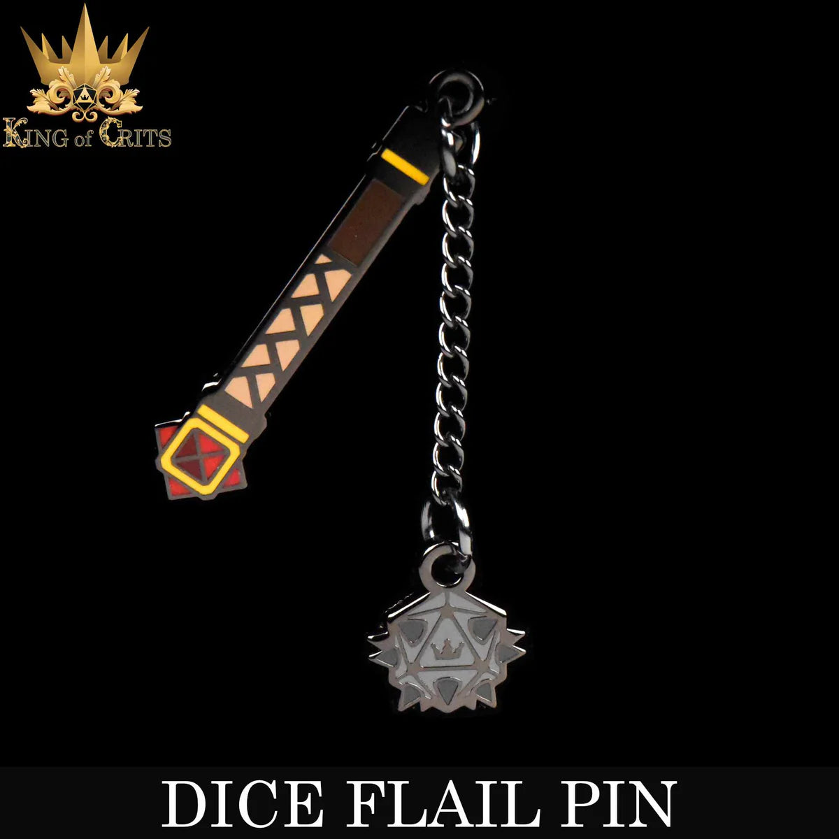 Dice Flail Pin enamel pin featuring a flail weapon with chain and spiked ball on a black background.