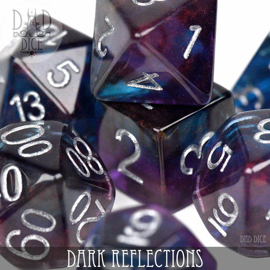 Resin polyhedral dice set in dark purple, blue, and black with silver numbers.